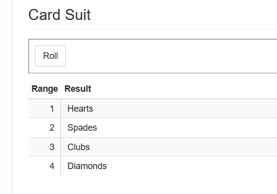 An HTML table of four entries representing the suits in a deck of cards with a "Roll" button above that picks an entry at random.